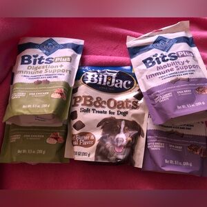 5 bags 9.5 oz Blue Buffalo and Biljac dog treats